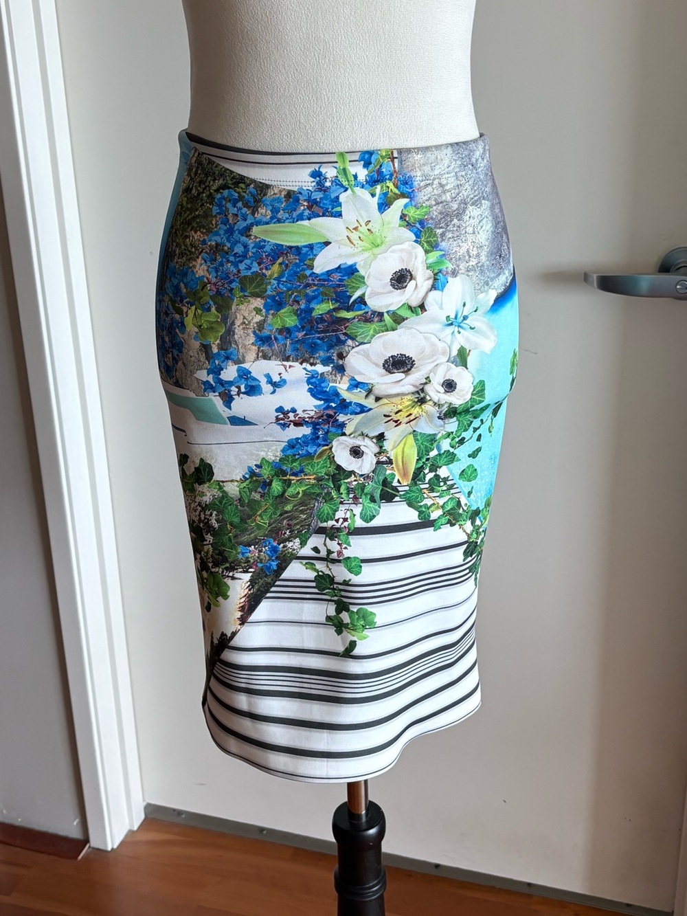 Clover Canyon Neoprene Floral Striped Bodycon Pencil Skirt Black Multi Small